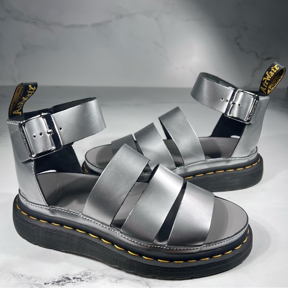 Dr Martens Clarissa II Silver Metallic Calf Black Leather Platform Sandals - Picture 2 of 10
